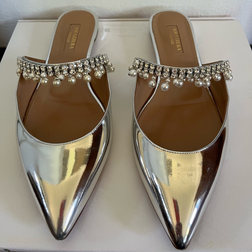 SOLD! Aquazzura Silver Mules with Pearl and Crystal Accents